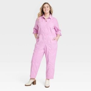 NWT light pink denim jumpsuit size 14 with pockets button front wide leg